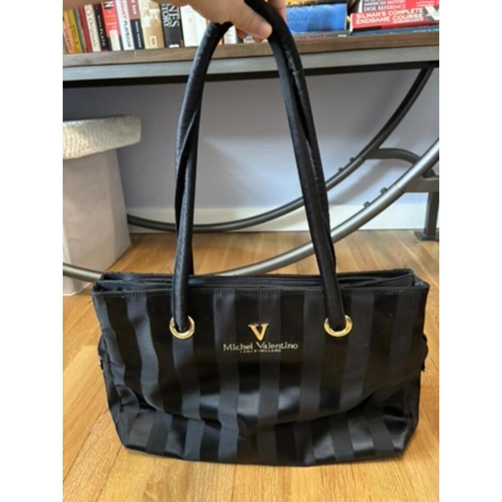 Mario Valentino Black Striped Satin and Gold Tote Bag